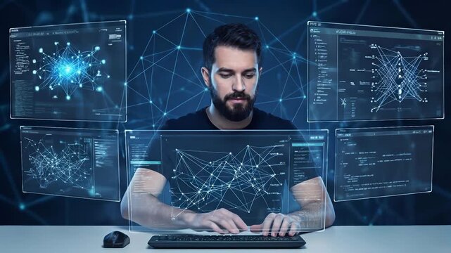 Bearded data analyst working with holographic neural network displays. Professional male programmer interacting with digital interfaces in dark office. Lockdown medium shot.