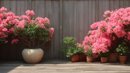 Beautiful Bougainvillea Flowers in Pots on Wooden Deck Surrounded by Rustic Fencing and Natural Light for Relaxed Outdoor Living Spaces