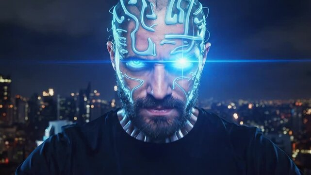 Bearded man with cybernetic implants controlling digital grid. Futuristic technology and neural network interface over night city skyline. Panning and tilting camera movement.