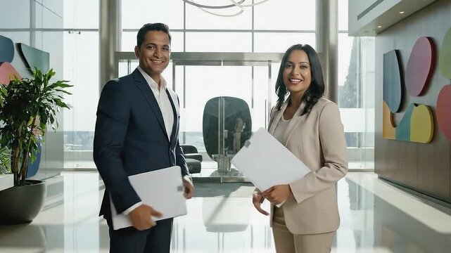Business professionals engaging in a collaborative discussion while walking, shaking hands, and exchanging documents in a modern office environment