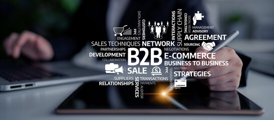 This image highlights key B2B strategies, emphasizing e-commerce solutions and relationship management vital for sales development in modern enterprises. Tessel