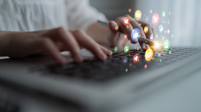 Concept of digital marketing and online communication. A network of user engagement is shown through social media feedback notifications which helps build a strong community. Fermion