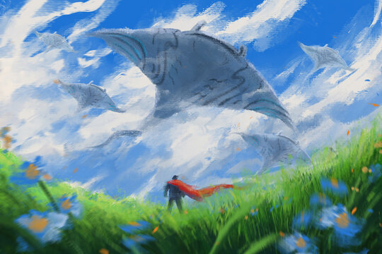 man standing looking giant mantra rey in the sky ,tale monster,creatures of myth and Legend ,digital art, Illustration painting.