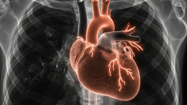 Diagnostic x-ray image of a human heart highlighted in a chest cavity from a frontal viewpoint for medical analysis