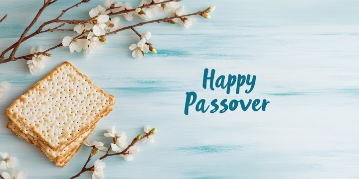 passover greeting card, gorgeous passover postcard with a watercolor almond blossom arrangement and matzah stack happy passover in a modern font elegant and artistic