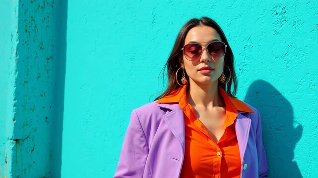 Woman in colorful outfit against blue wall