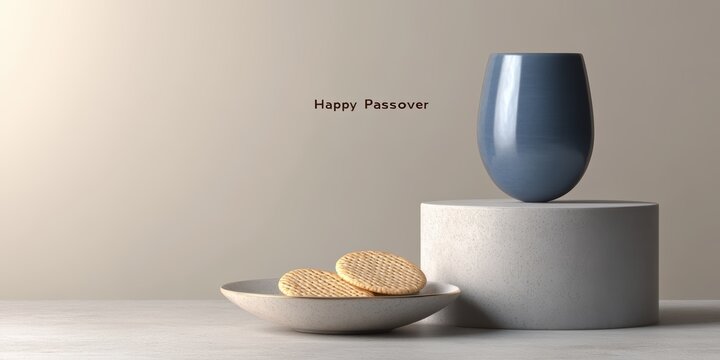 passover postcard, a sleek d postcard for passover includes a simple seder plate, silver goblet, and matzah with happy passover hovering above