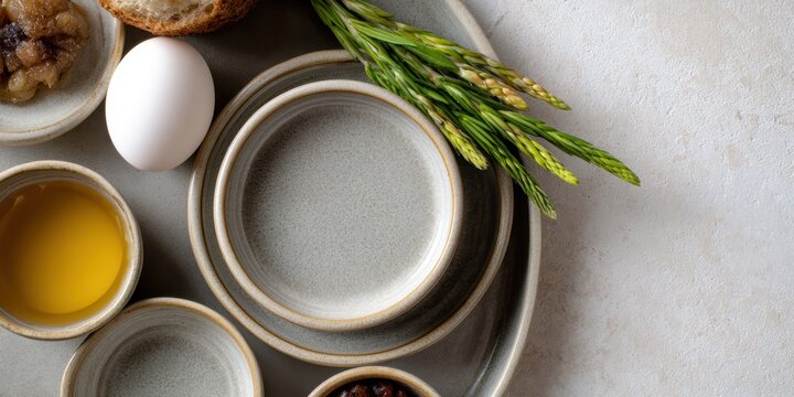 passover seder plate design, a modern ceramic passover seder plate against a light stone backdrop with all elements in focus in a flat lay