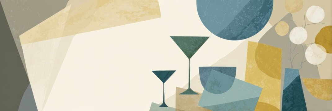 minimalist passover design, passover postcard template with minimalist abstract design in muted blues and gold, representing broken matzah and wine clean, text-ready space