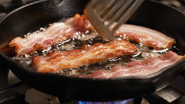 cooking crispy delicious bacon strips in a sizzling hot pan on a gas stove with a spatula for perfect results always