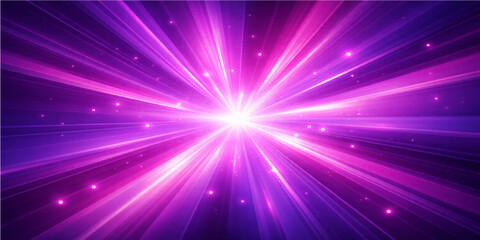 Abstract purple star burst background with glowing stars and bright light rays