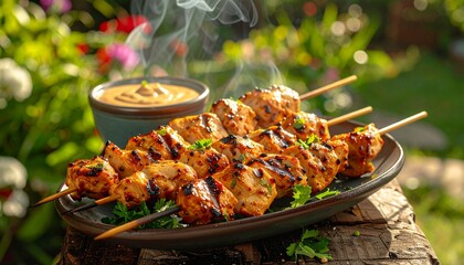 H&auml;hnchen-Sat&eacute;-Spie&szlig;e mit Erdnusssauce