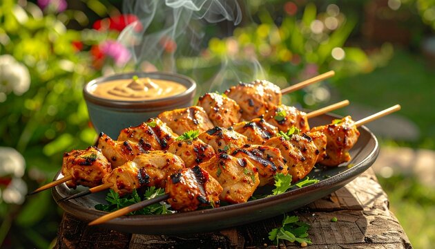 H&auml;hnchen-Sat&eacute;-Spie&szlig;e mit Erdnusssauce