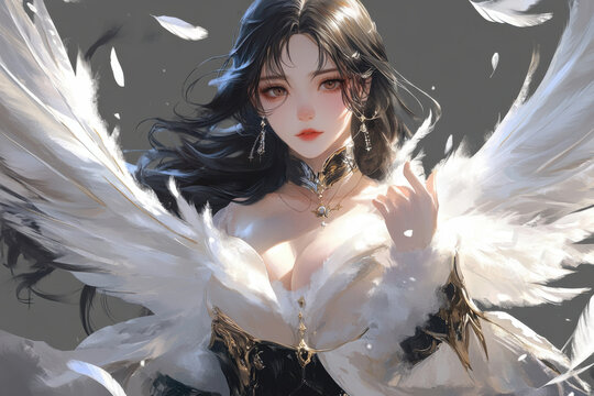 Beautiful angel with white wings posing in fantasy setting