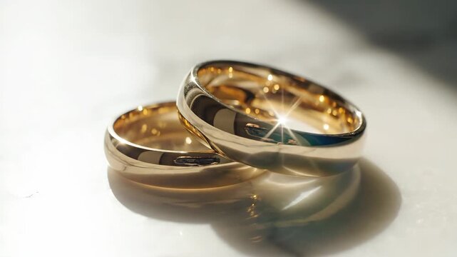 Beautiful shiny gold wedding rings stacked together on white marble surface symbolizing love commitment and eternal marriage bond forever.