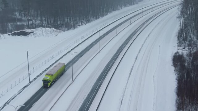 An overhead view of truck skillfully negotiating slippery icy curve amidst wooded landscape during winter