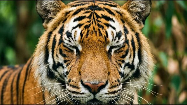 Front view of a wild tigers face with striking green eyes and striped fur