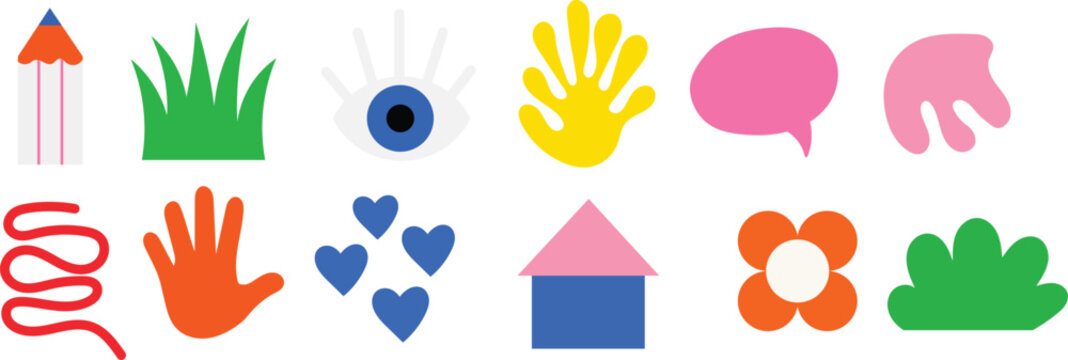 Colorful abstract flat shape icon set with hand eye heart flower and speech bubble