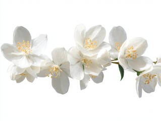 Beautiful white jasmine blossoms with delicate yellow centers bloom naturally on a stem