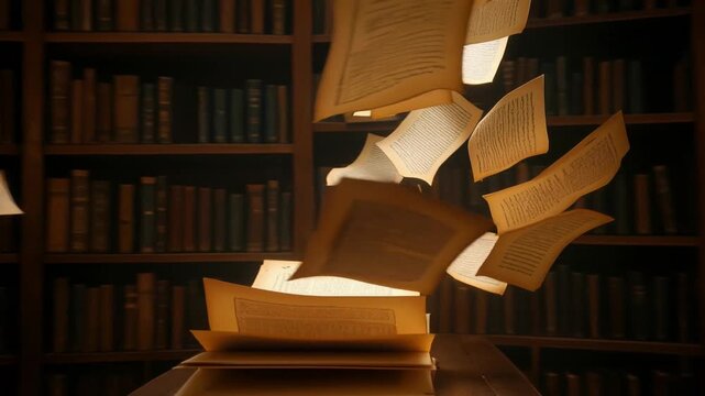 Magic book glowing with flying pages in dark library. Seamless loop