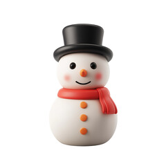 3D cute cartoon snowman with black top hat and red scarf, winter character isolated on transparent background.