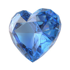 Faceted blue crystal heart gemstone 3D render isolated on transparent background.