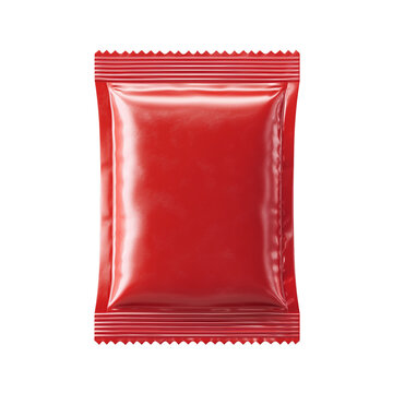 Realistic red sauce packet shiny plastic packaging isolated on transparent background.