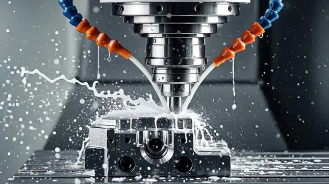Metal Cutting Process in Industrial Workshop with Coolant Spray