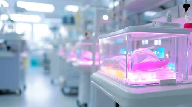 Neonatal care Close-up of a baby in an incubator with pink lighting, row of incubators in a NICU, shallow depth of field, futuristic medical technology. Newborn, ICU