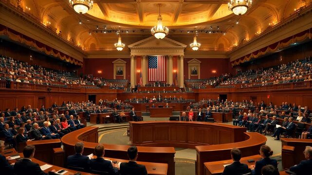 Large formal assembly hall with American flag