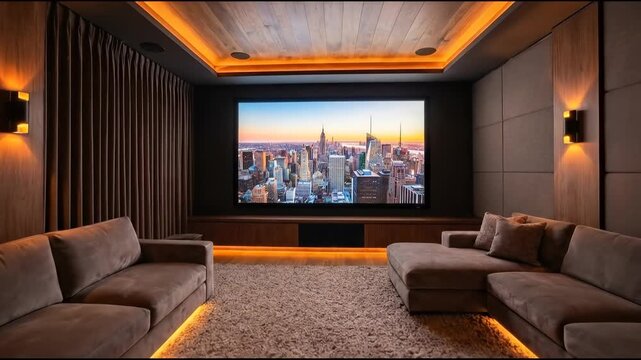 Luxurious home theater room with large screen displaying city skyline and plush velvet sofas