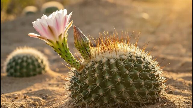 Blooming cactus in the desert with a beautiful flower and bud.