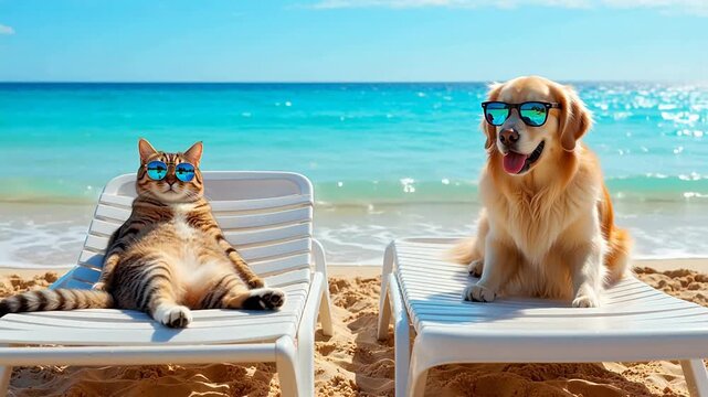 Cat and dog on beach chairs