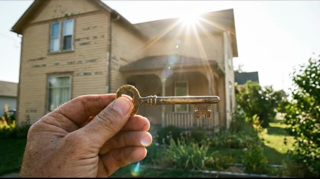 Adult hand holding an antique brass skeleton key in front of a rustic old house bathed in sunlight
