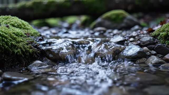 Close-up of a flowing stream with mossy rocks and clear water.