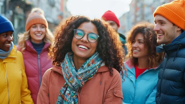 group of smiling people in winter clothing