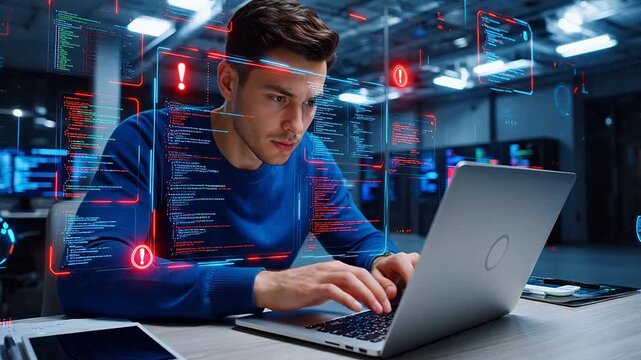 Man working on laptop with digital code overlays