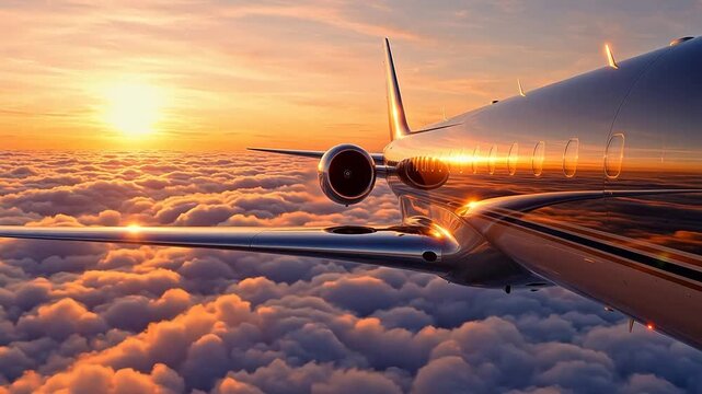 Private jet flying above clouds at sunset