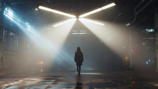 Person walking in industrial space with light beams