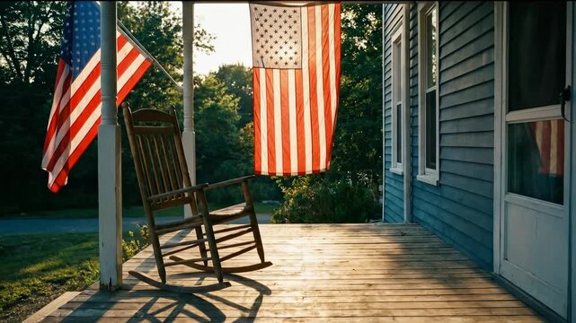 Peaceful front porch with American flags and rocking chair at golden hour