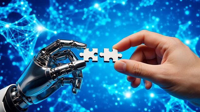 Human hand and robotic hand connecting puzzle pieces
