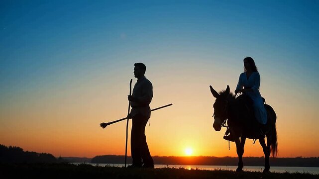 Silhouette of man and woman with horse at sunset