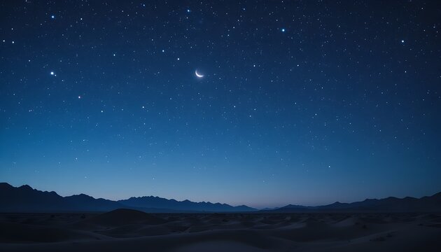 Stunning starry night sky over desert landscape with crescent moon