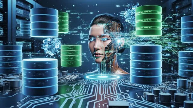 Artificial intelligence system with robotic human face surrounded by databases and motherboards in futuristic technology environment representation showcase.