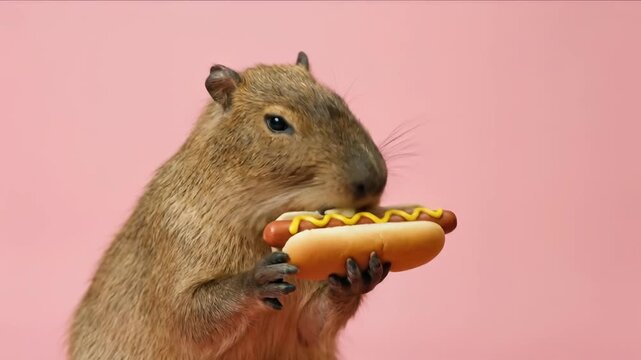 Playful capybara holding a delicious hot dog with mustard against a vibrant pink background