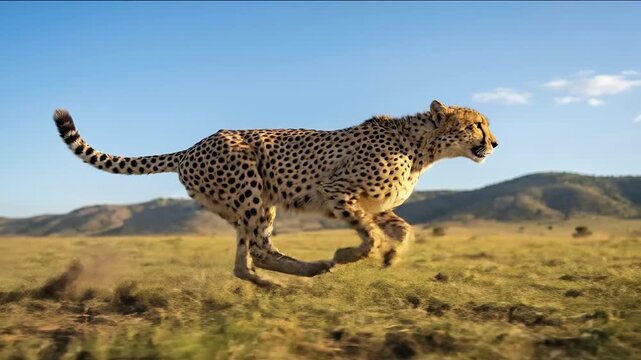 Cheetah running at high speed across an African savanna grassland during daylight