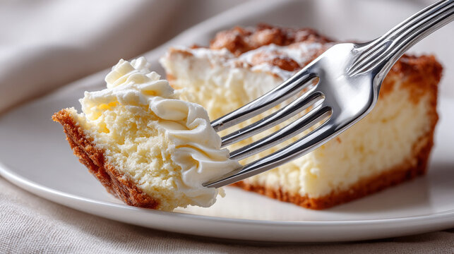 Creamy dessert slice with fork, on white plate and soft fabric background  