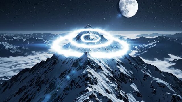 Mysterious Glowing Rings Emerge Above Snowy Mountain Peaks at Night.