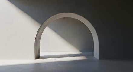 Fototapeta premium Sunlight casting shadows through a curved architectural opening in a dim space