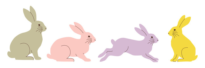 Obraz premium Set of cute colorful bunny rabbits in different poses flat vector illustration isolated on white background